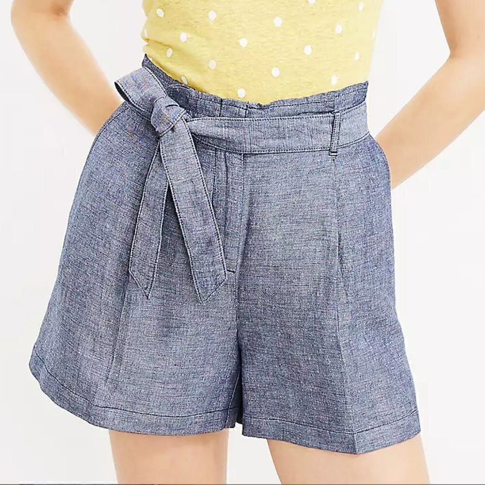 Under Skies Women's Small High Paper Bag Waist Shorts Chambray Blue 100% Linen
